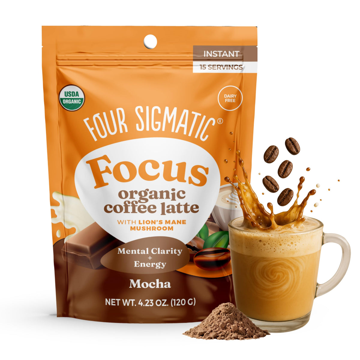 Four Sigmatic Mocha Focus latte canister with chocolatey, plant-based mix