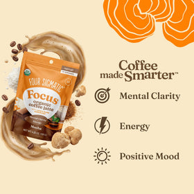 Pouring Four Sigmatic Mocha Focus latte into a mug for a creamy treat