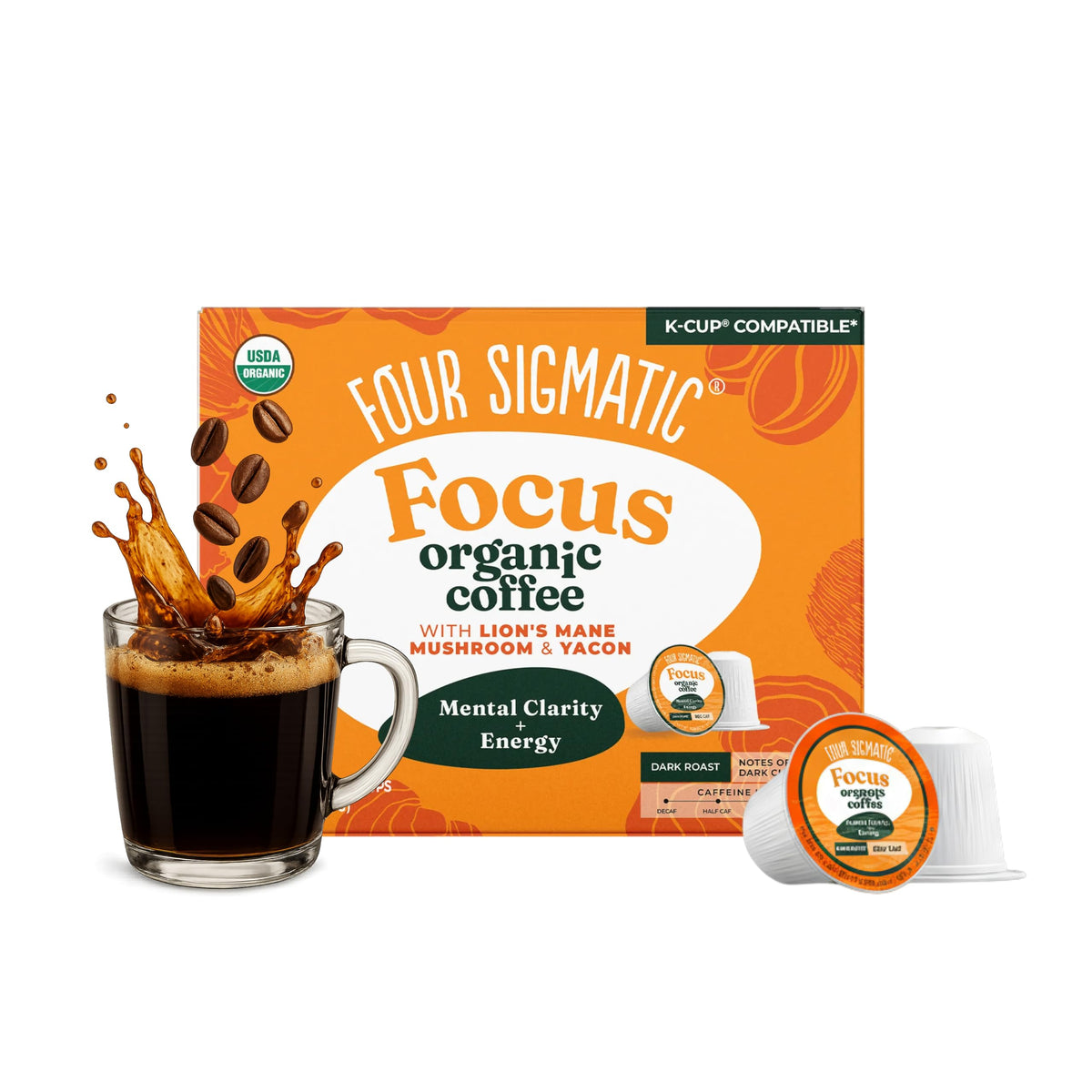 Four Sigmatic mushroom coffee K-Cups in a steaming cup for focused energy