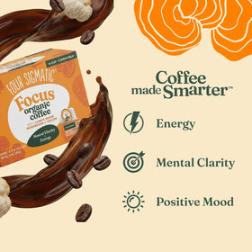 Cup with steam from Four Sigmatic Mushroom Coffee K-Cups, promising smooth, focused energy.