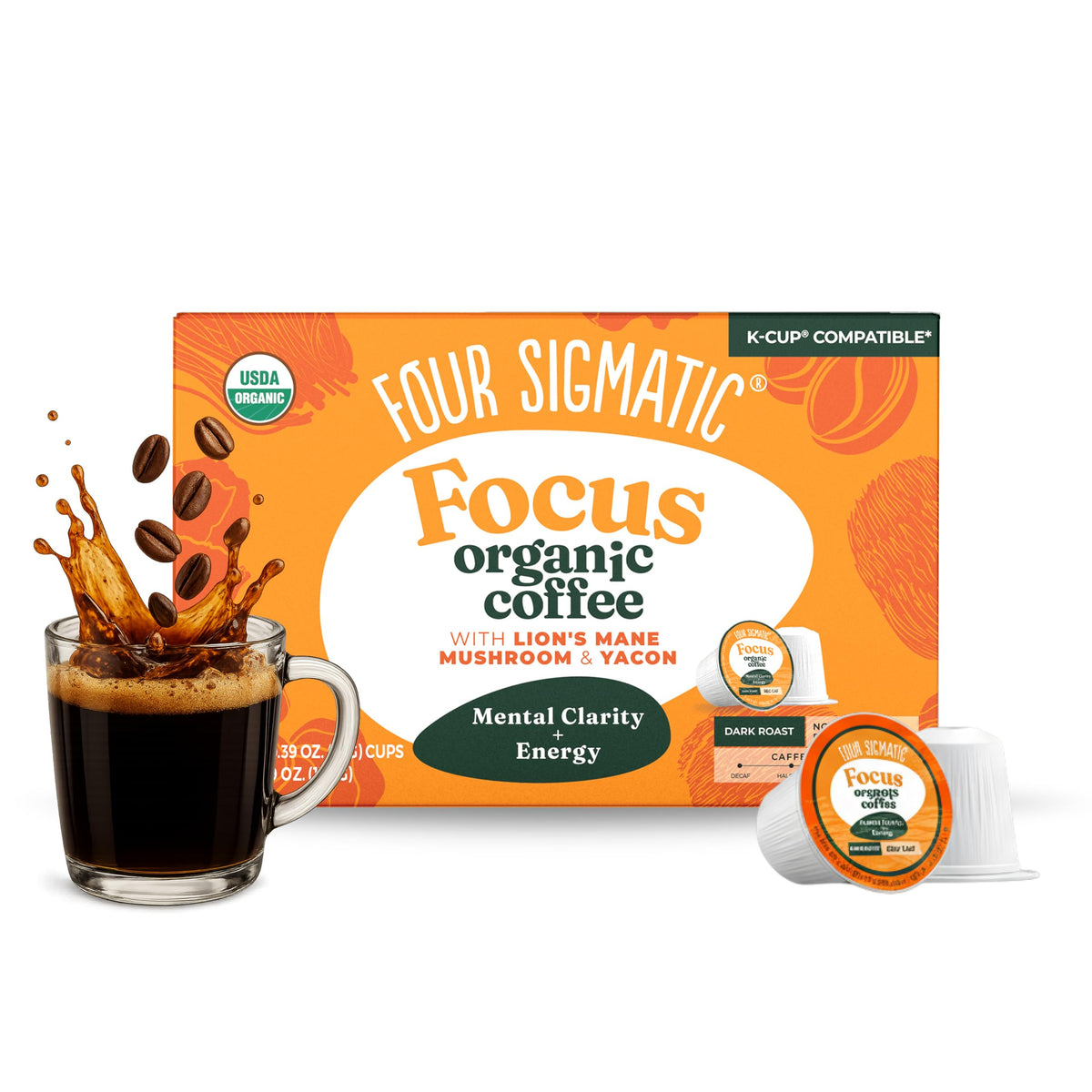 Four Sigmatic Mushroom Coffee K-Cups pack shot highlighting sustainable packaging and bold dark roast.