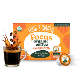 Four Sigmatic Mushroom Coffee K-Cups pack shot highlighting sustainable packaging and bold dark roast.