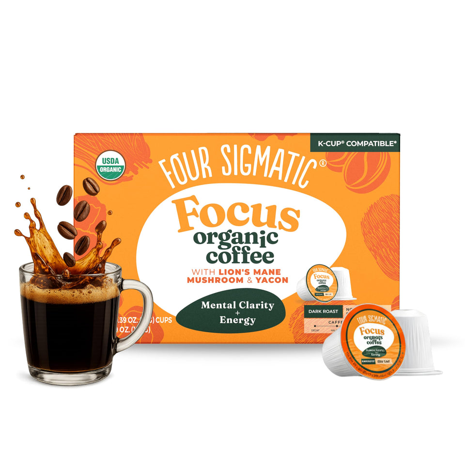 Four Sigmatic Mushroom Coffee K-Cups pack shot highlighting sustainable packaging and bold dark roast.