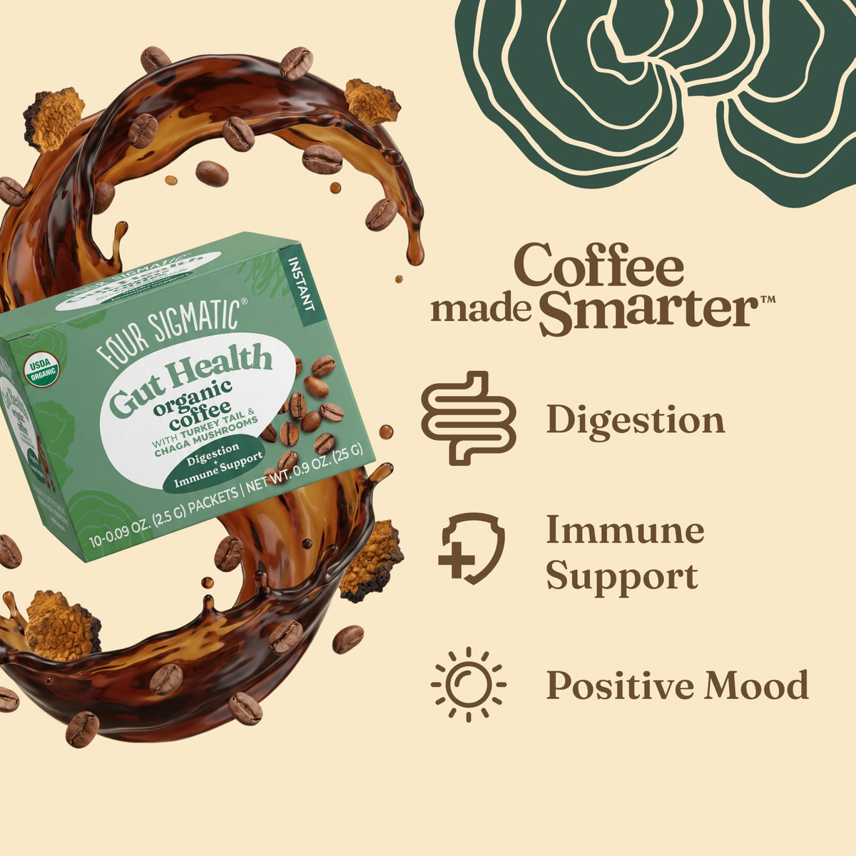 Four Sigmatic mushroom coffee in a steaming mug invites a mindful break.