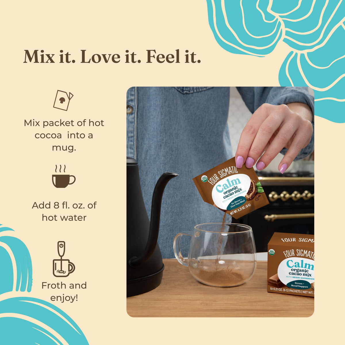 Evening ritual with Four Sigmatic Reishi hot cacao for calm moments.