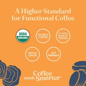 Lions Mane mushroom imagery highlights focus-friendly coffee experience.