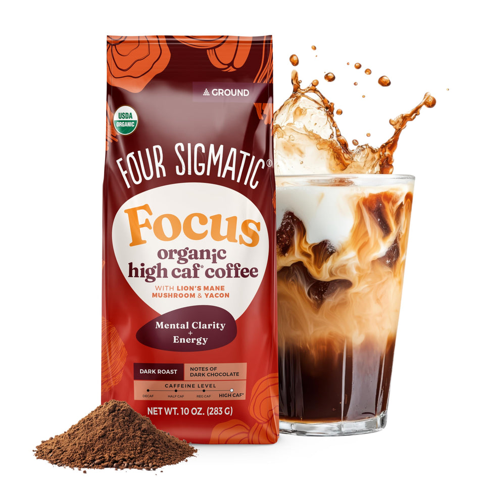 Four Sigmatic organic high caffeine Lions Mane ground coffee pack boosts focus with rich aroma.