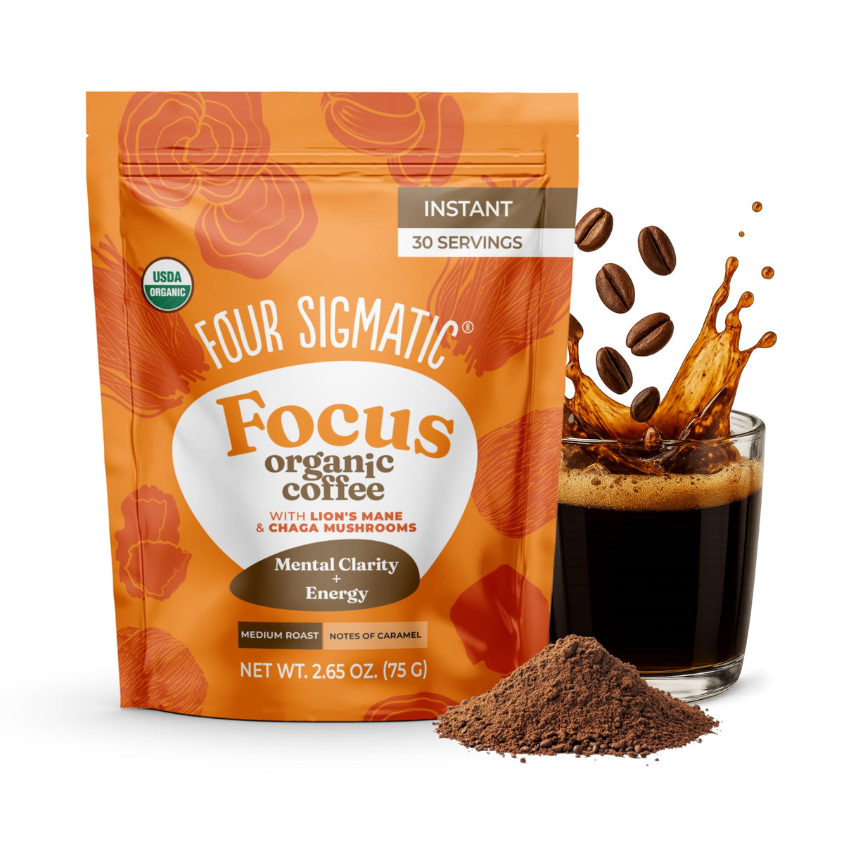 Four Sigmatic Organic Mushroom Coffee bag showing a 30-serving option for quick, balanced energy.
