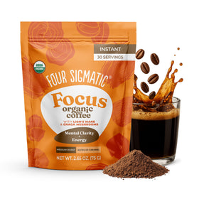 Four Sigmatic Organic Mushroom Coffee bag showing a 30-serving option for quick, balanced energy.