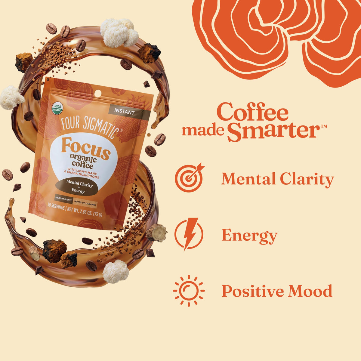 Scoop of Four Sigmatic Organic Mushroom Coffee powder ready for instant mix.