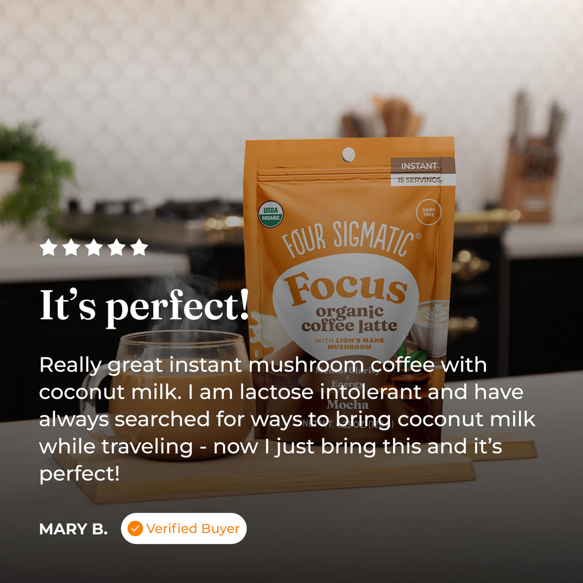 Four Sigmatic Original Focus Latte Lion's Mane mushroom close-up signaling natural focus support.