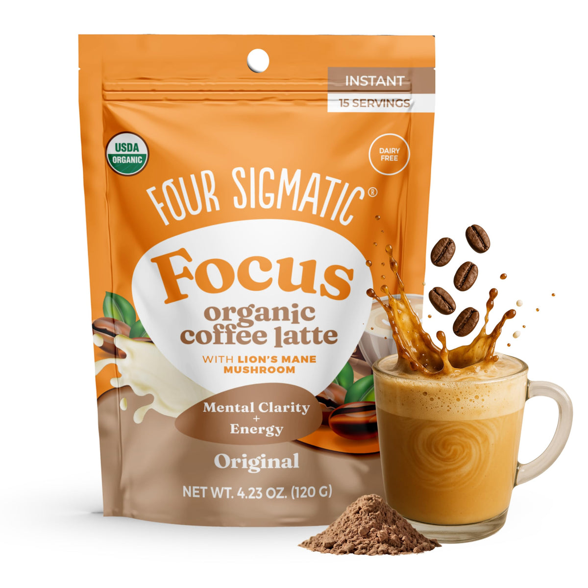 Four Sigmatic Original Focus Latte packaging showing organic ingredients for an easy morning ritual.