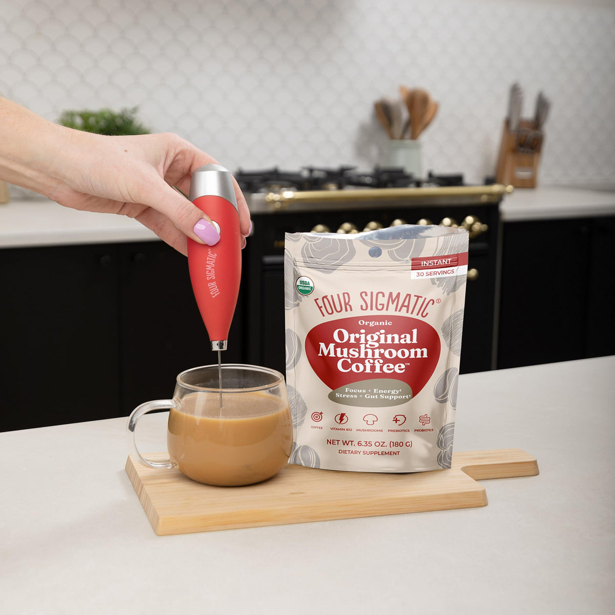 Prebiotic and probiotic blend shown with the mushroom coffee for digestion support