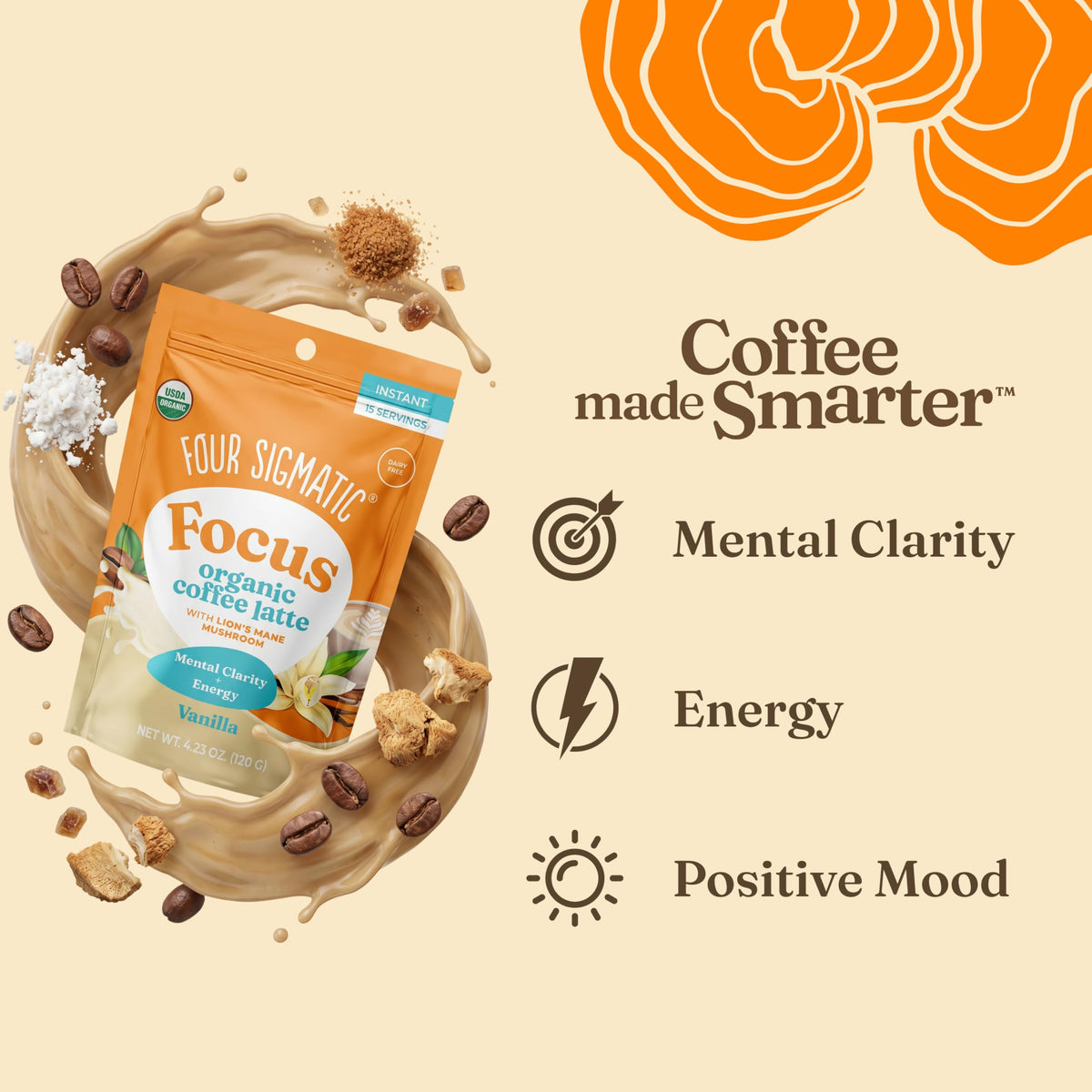 Four Sigmatic Vanilla Focus latte packaging highlighting organic ingredients and clean label.