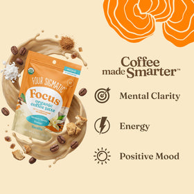 Four Sigmatic Vanilla Focus latte packaging highlighting organic ingredients and clean label.