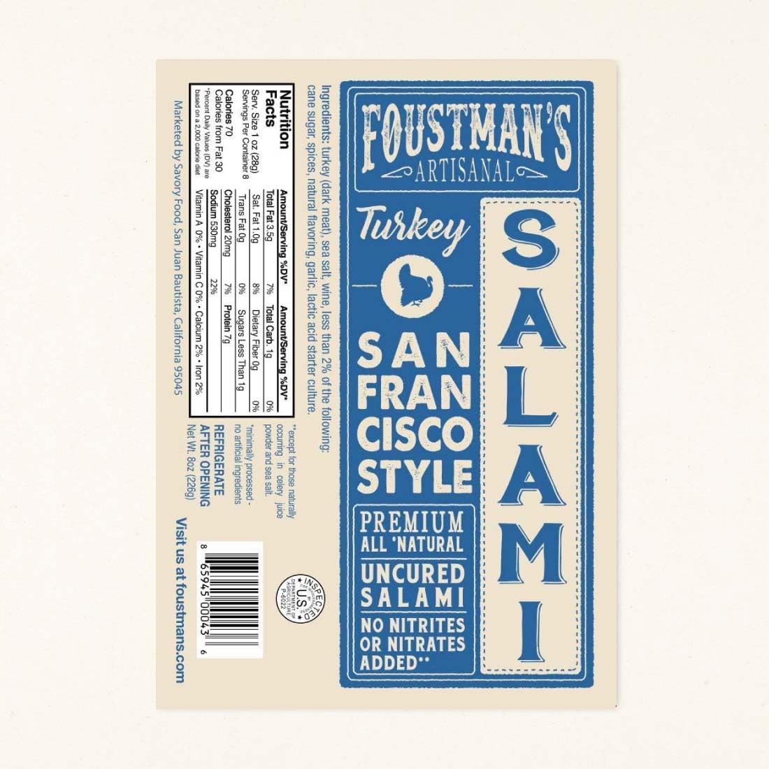 Foustman's artisanal dry salami tradition close-up showing curing artistry and texture.