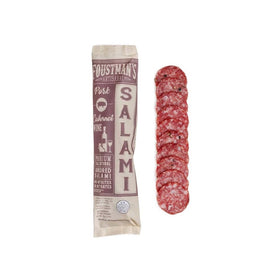 Foustman's Salami Cabernet Wine slice on rustic board, a bold, savory bite.