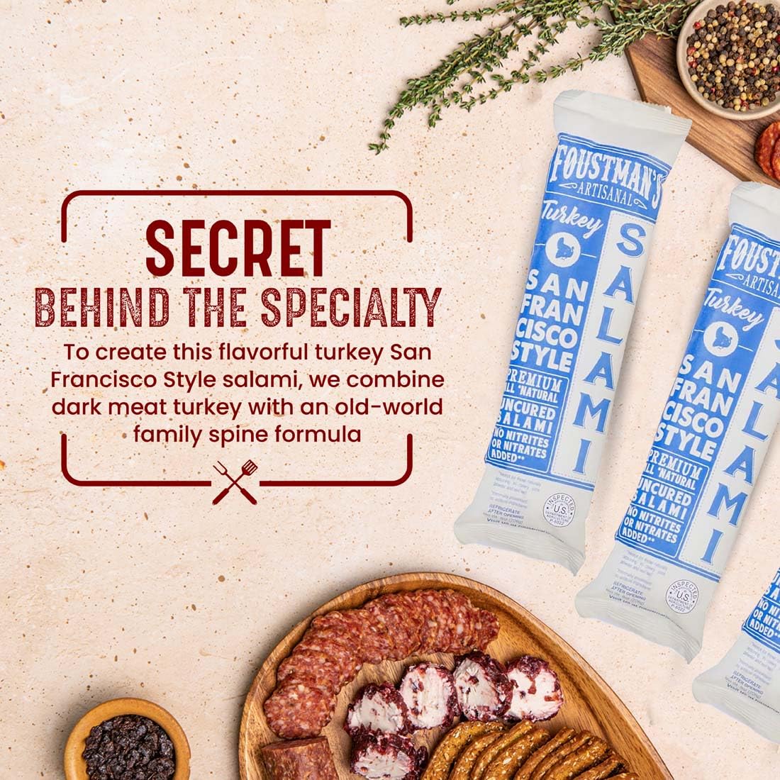 Foustman's salami displayed in a picnic spread for easy outdoor snacking.