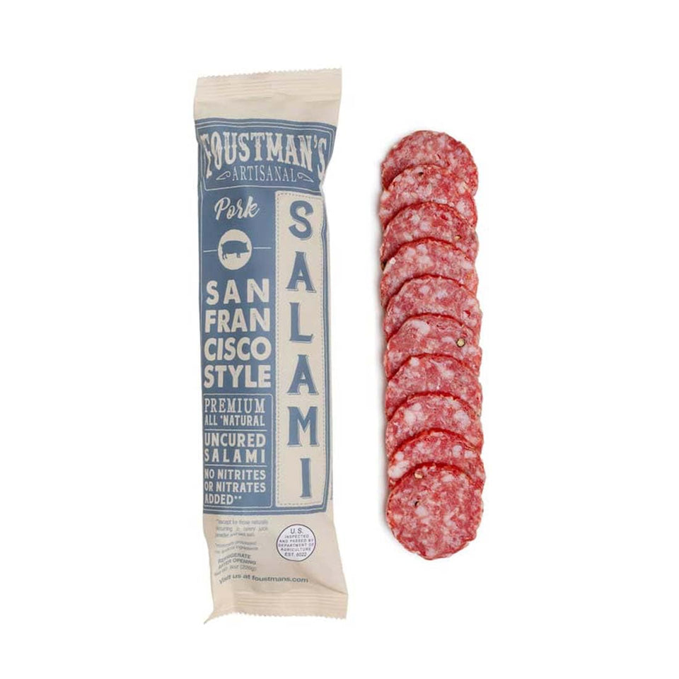 Foustman's Salami close-up slice highlighting marbling for a premium charcuterie experience.