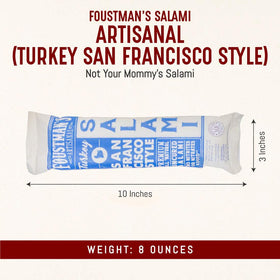 Foustman's shelf-stable salami packaging, ready for travel and pantry storage.
