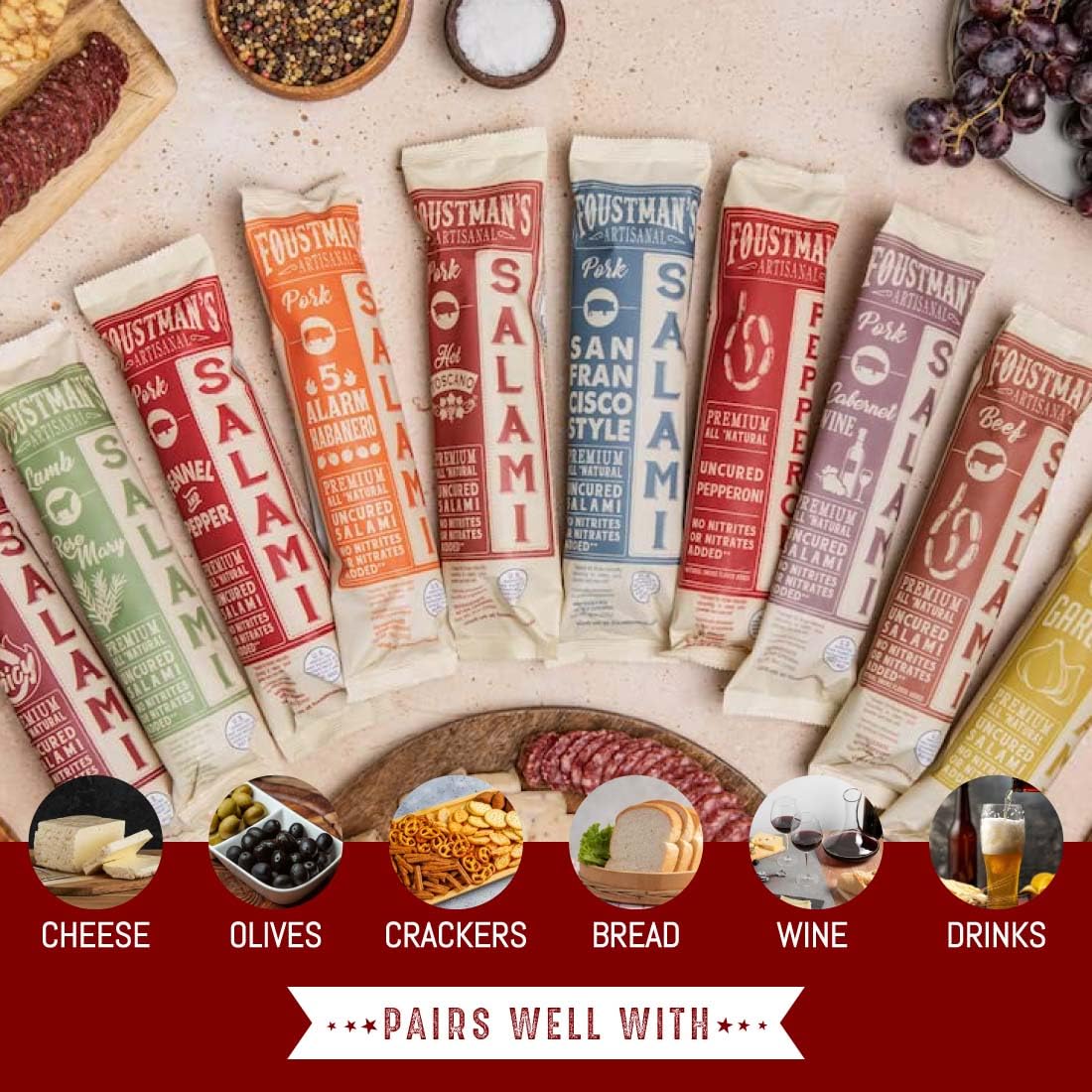 Foustman's turkey salami on a cheese board with accompaniments for pairing.
