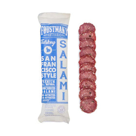 Foustman's turkey salami San Francisco style stick on a deli plate, ideal for lunch boxes.