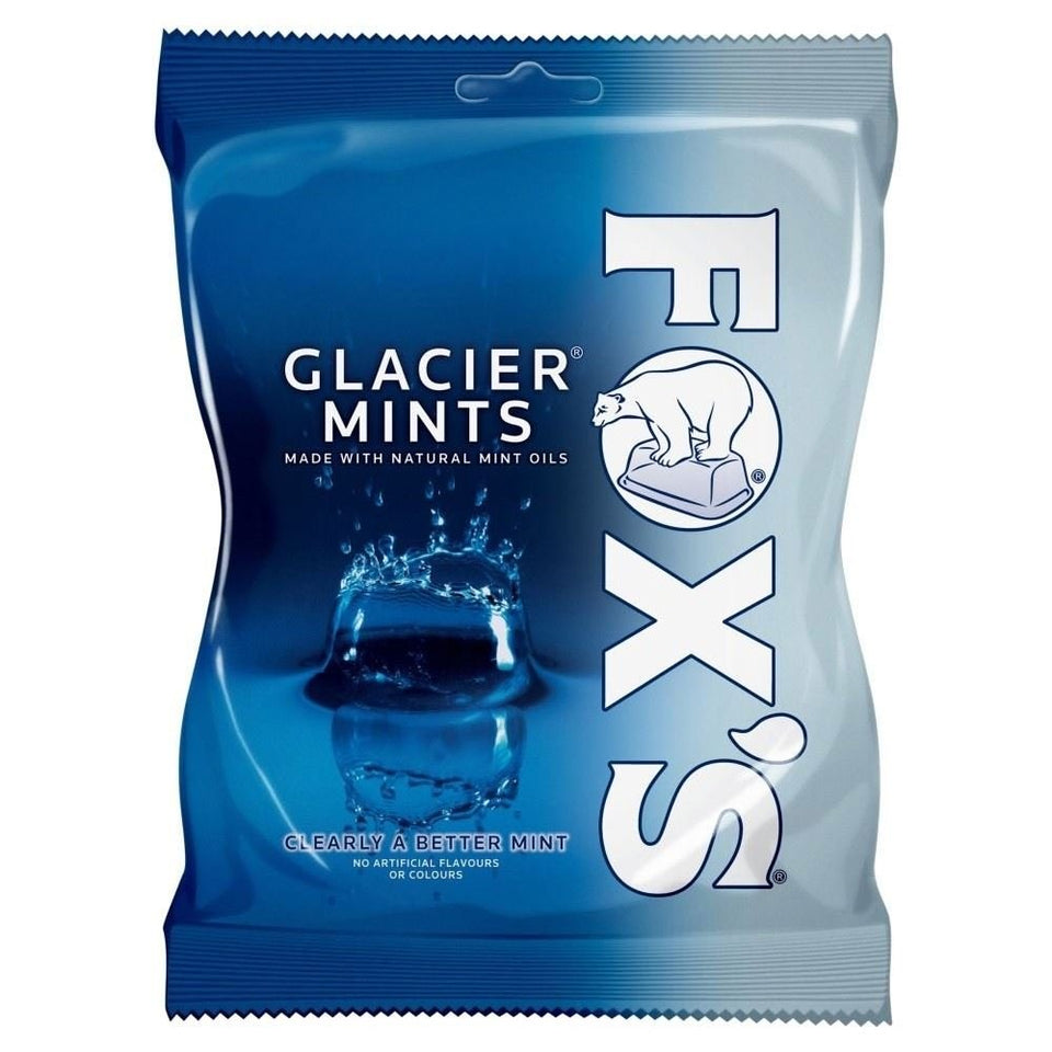 Fox's Glacier Mints 200g pack—refreshing breath freshener for on-the-go use.
