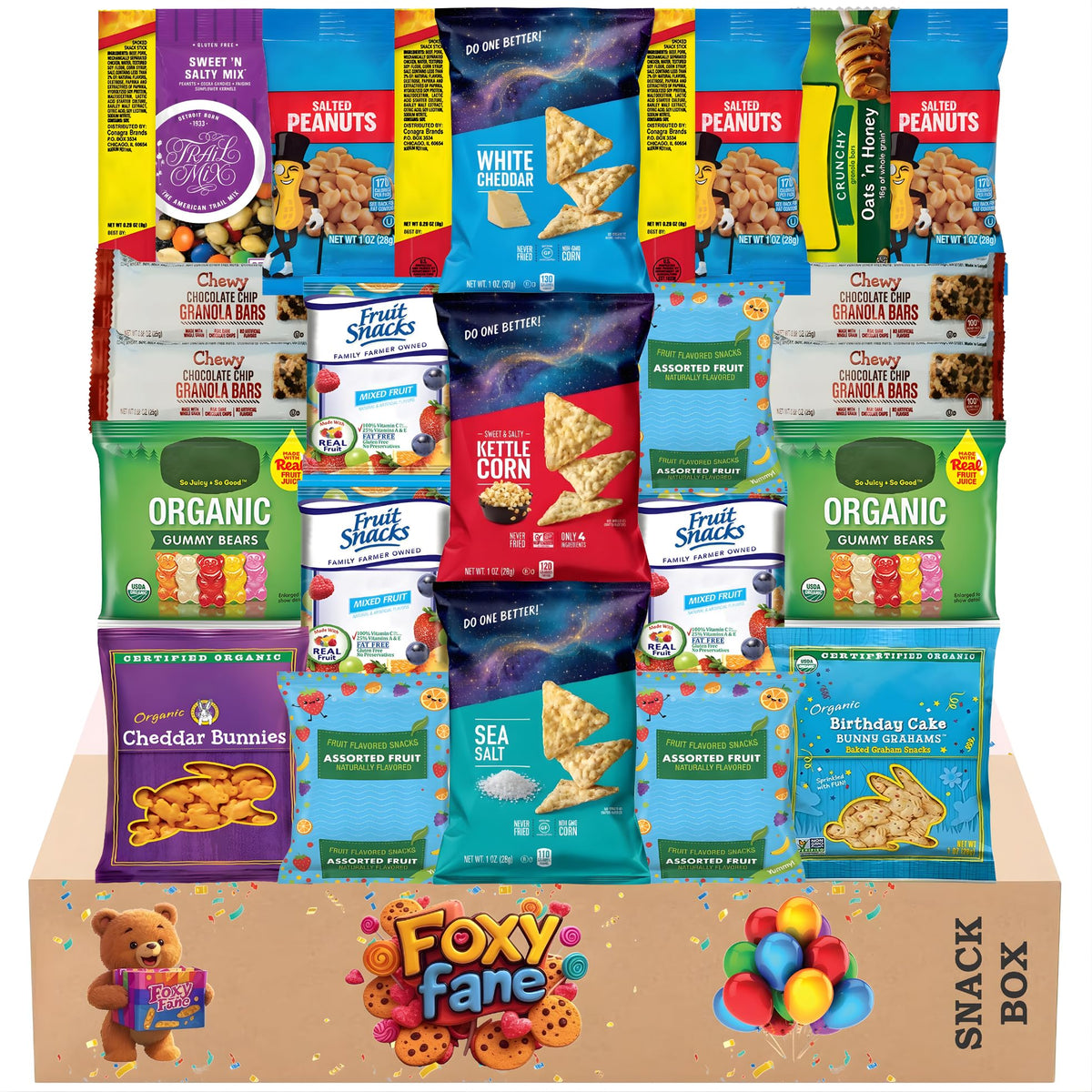 Foxy Fane 25ct snack box unboxing shows a diverse, gift-ready assortment.