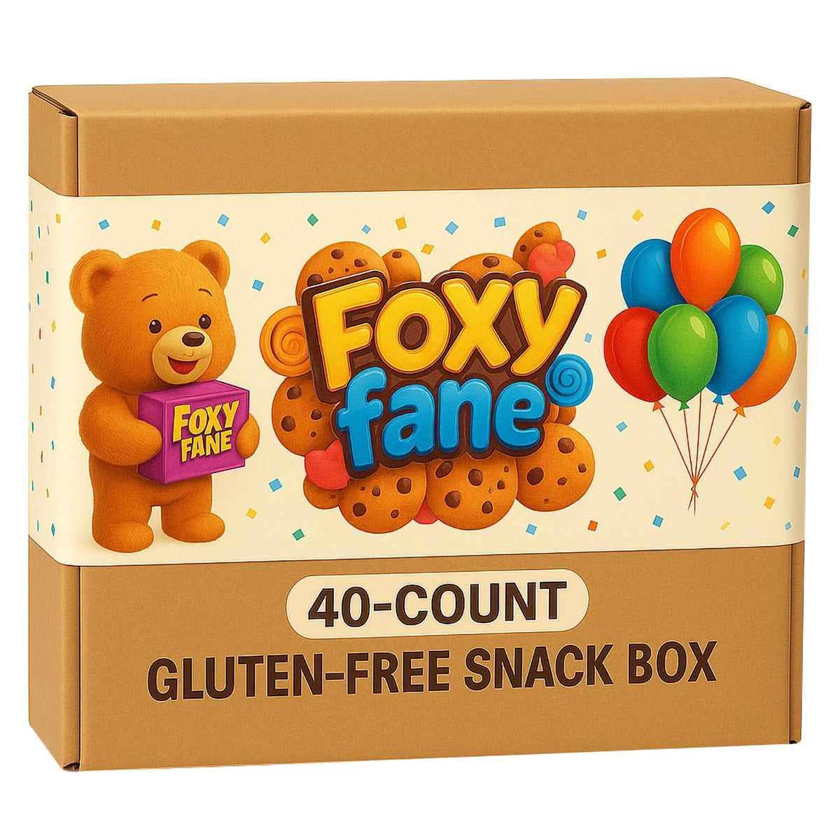 Close-up of assorted single-serve snacks from Foxy Fane box.