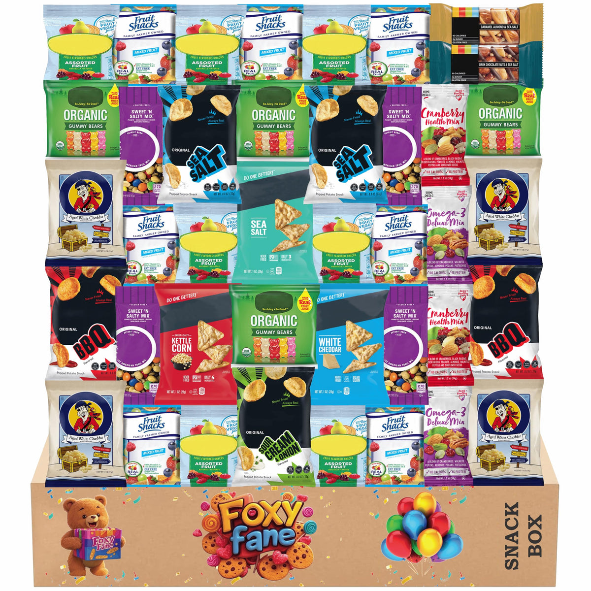 Foxy Fane 40-count gluten-free snack box front view highlighting gift-ready variety.