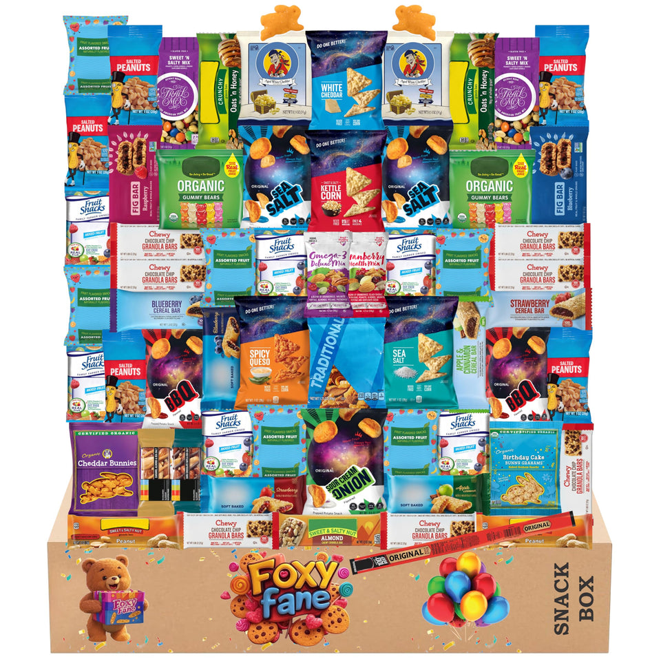 Foxy Fane 60ct snack box front view, ideal for gifting a varied healthy snack assortment.