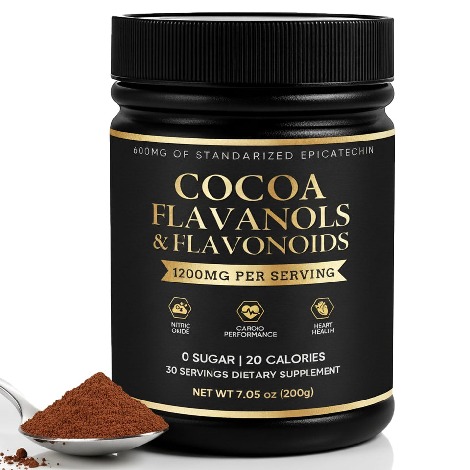 FQMUEV High Flavanol Cocoa Powder pouch close-up; premium ingredients and packaging highlight.