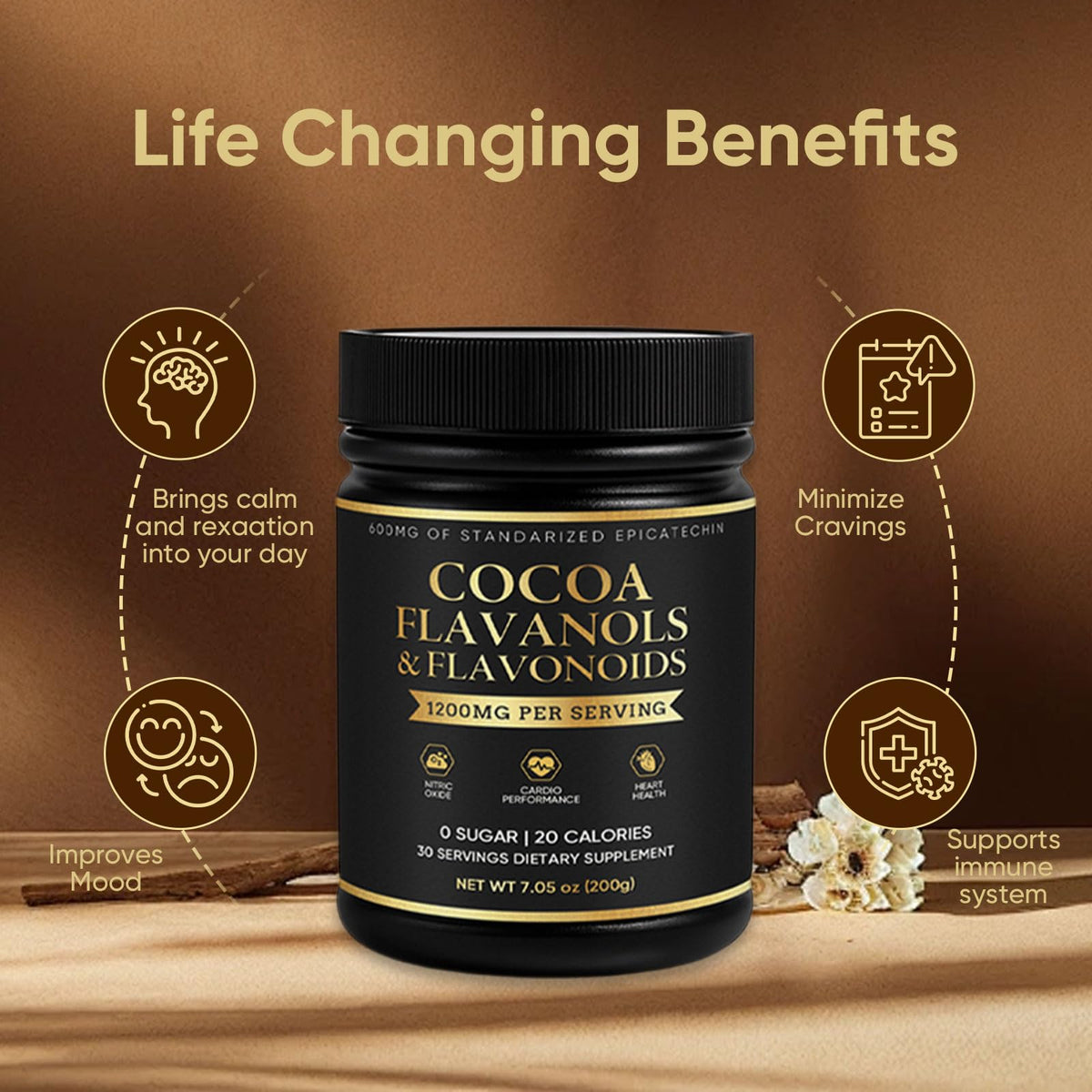 FQMUEV High Flavanol Cocoa Powder in smoothie; rich chocolate flavor.