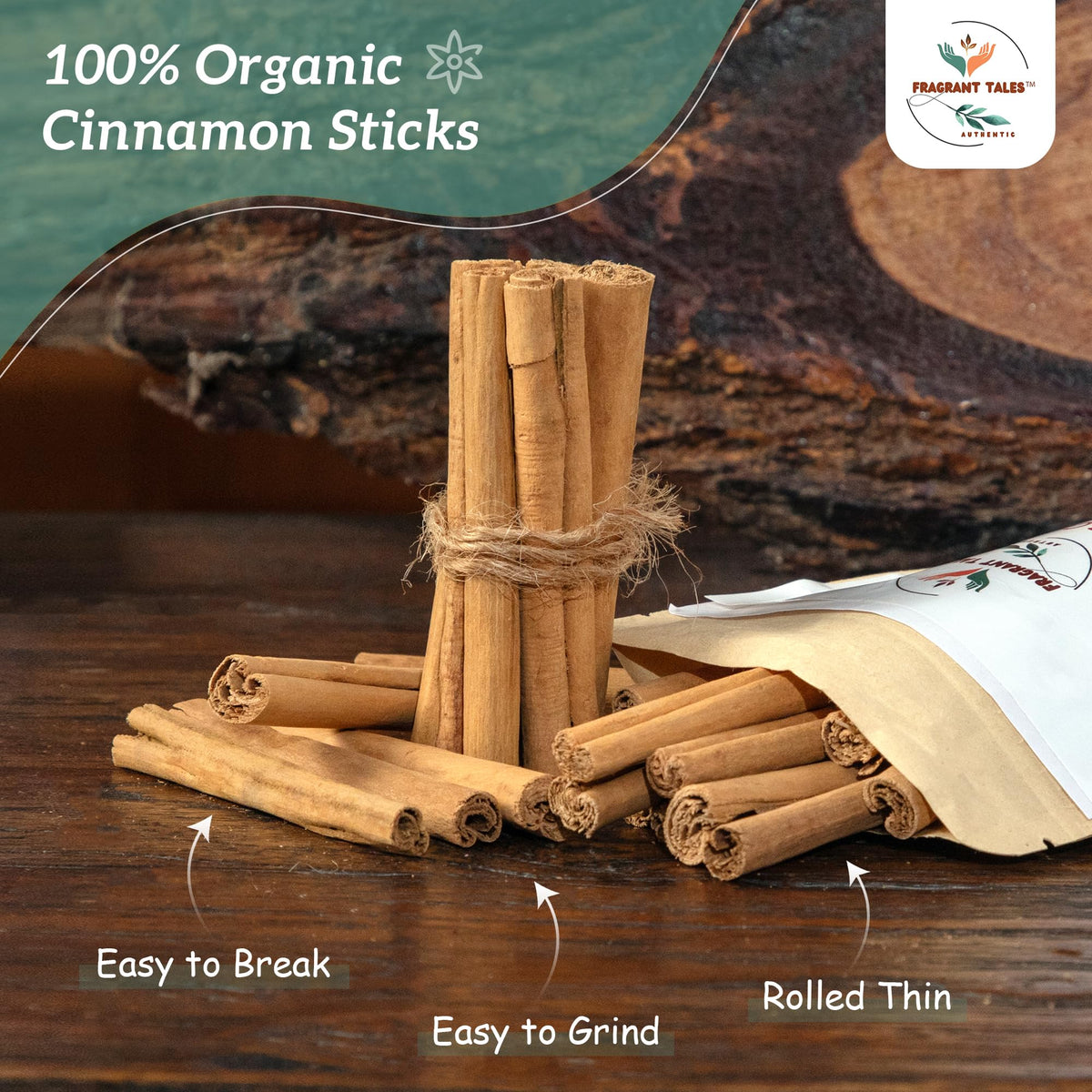 Fragrant Tales ALBA cinnamon sticks close-up reveal delicate quills ideal for grinding at home.