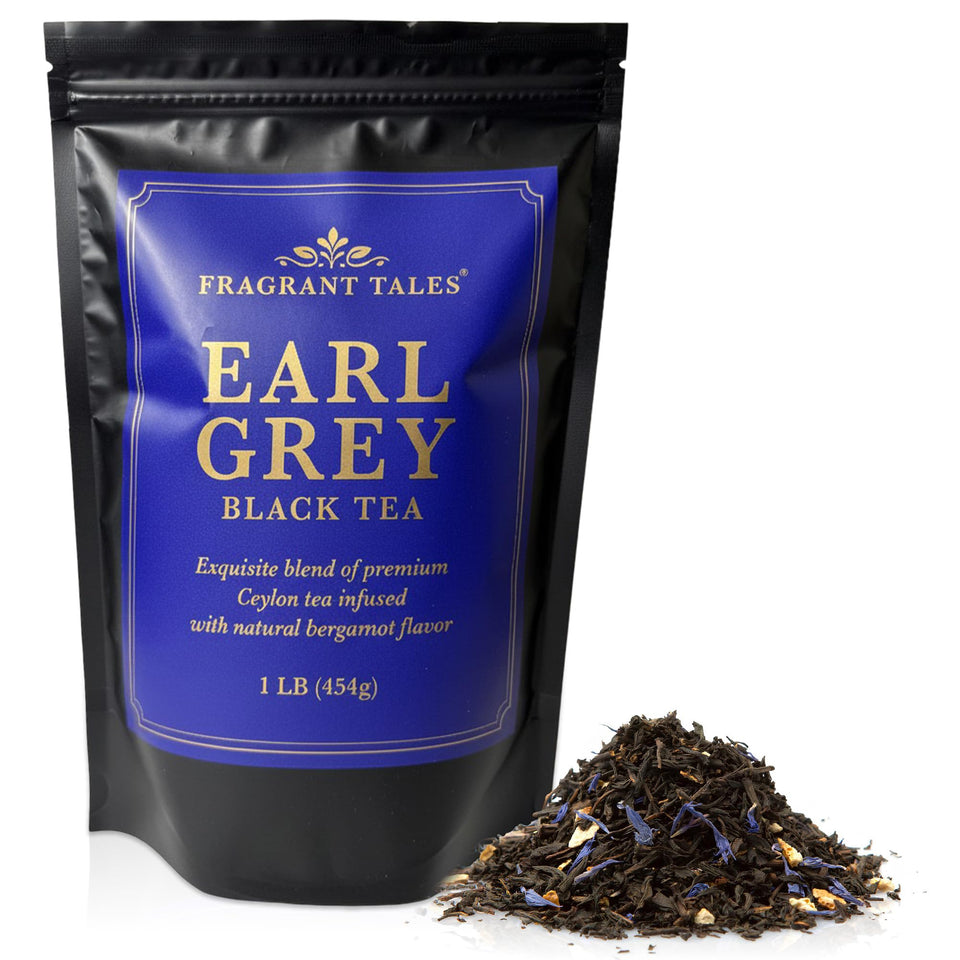 Fragrant Tales Earl Grey loose leaf tea ready for brewing, premium quality.