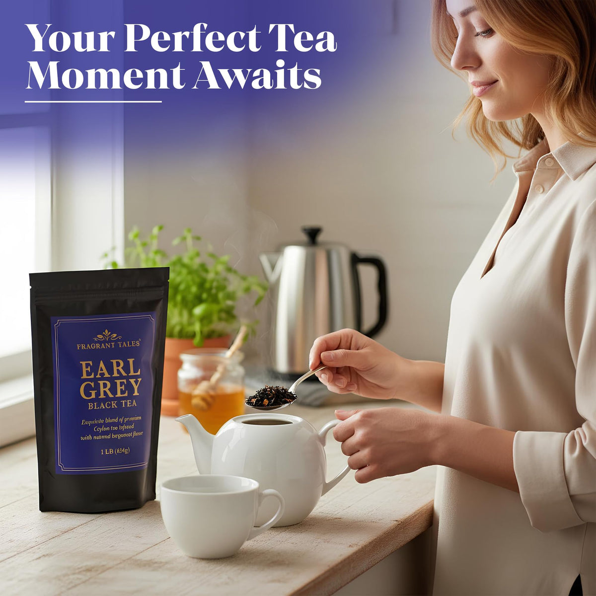 Gift-ready Fragrant Tales Earl Grey packaging for tea lovers.