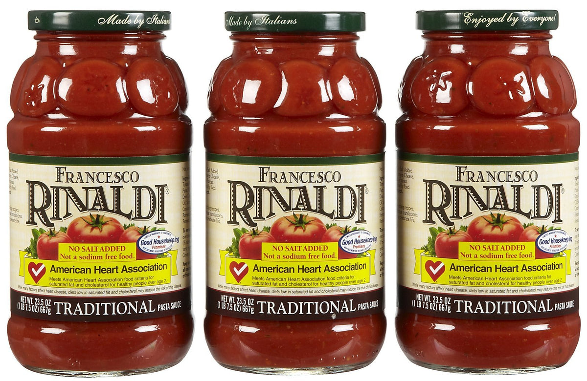 Francesco Rinaldi no-salt-added pasta sauce bottle ready to heat