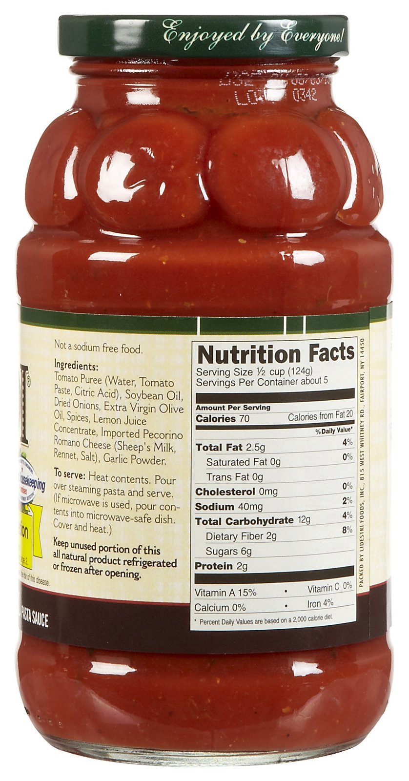Francesco Rinaldi no-salt-added sauce ingredients label featuring tomatoes and pecorino Romano