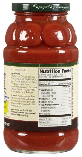 Francesco Rinaldi no-salt-added sauce ingredients label featuring tomatoes and pecorino Romano