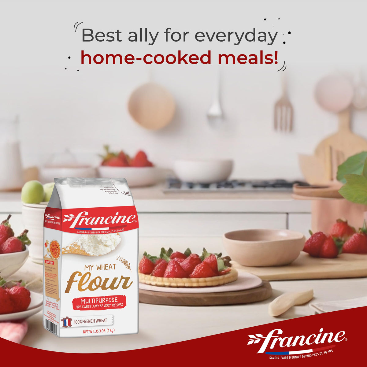Francine T55 flour bag label, unbleached flour with lower gluten content for everyday baking.