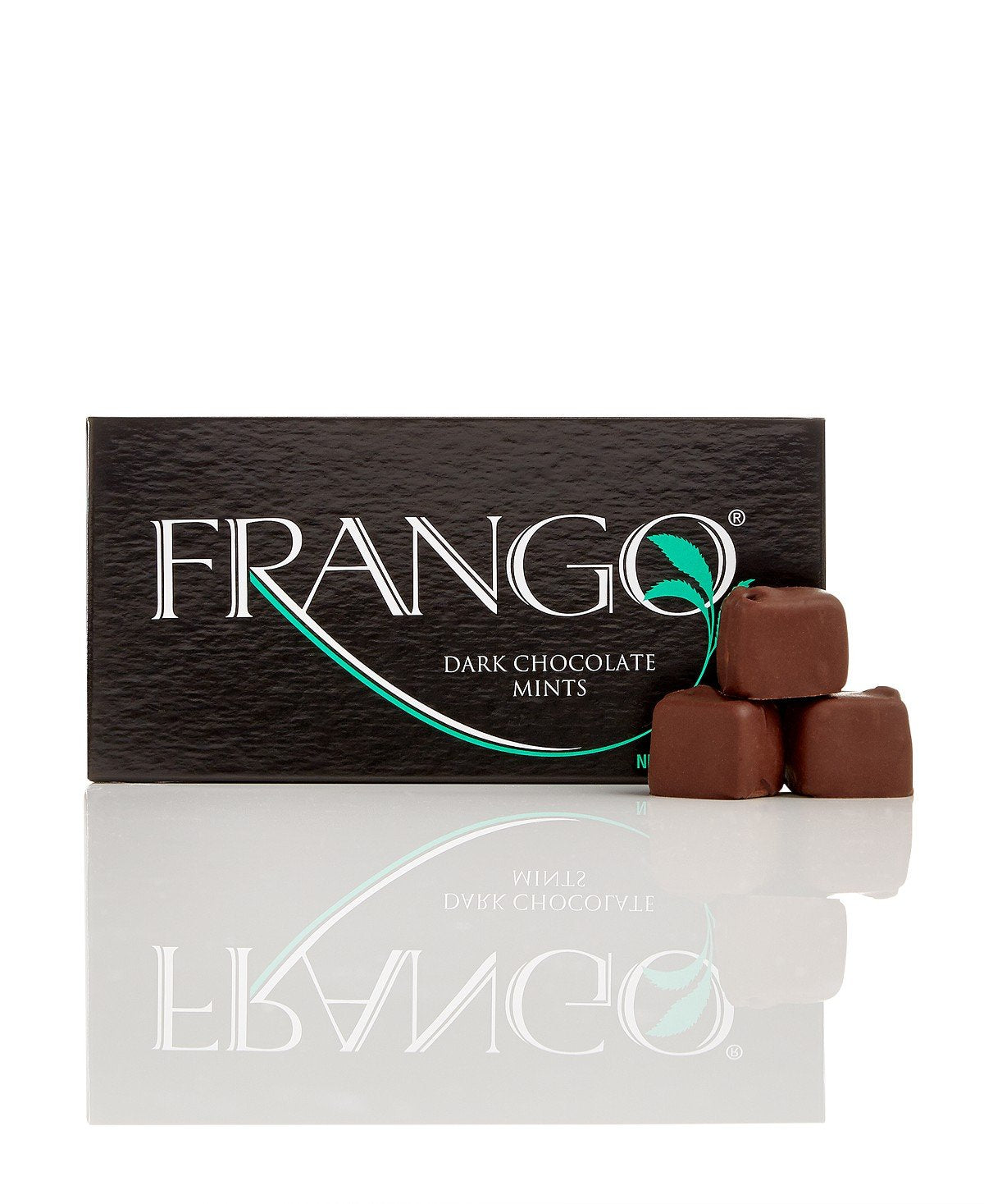 Frango Dark Mint Chocolates 15-piece box displayed with mint accents, a refined gift idea