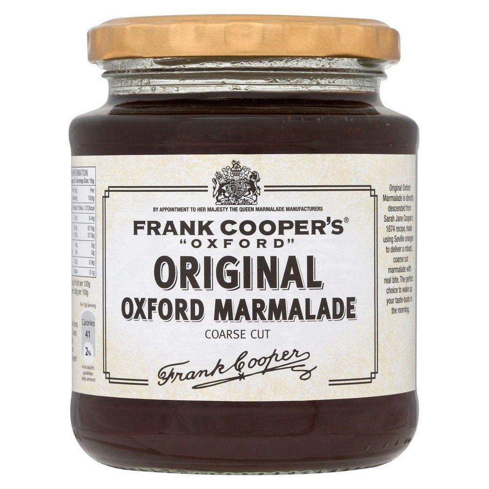 Frank Cooper's Original Coarse Cut Oxford Orange Marmalade jar enhances breakfast with zesty citrus.