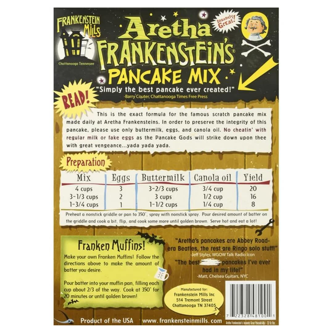 Back of Aretha Frankenstein's pancake mix box showing simple directions.