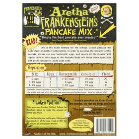 Back of Aretha Frankenstein's pancake mix box showing simple directions.