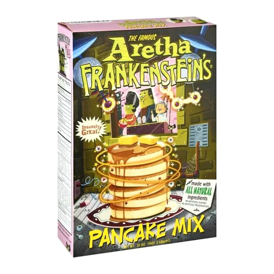 Aretha Frankenstein's pancake mix box front from Frankenstein Mills, ready for a quick breakfast.
