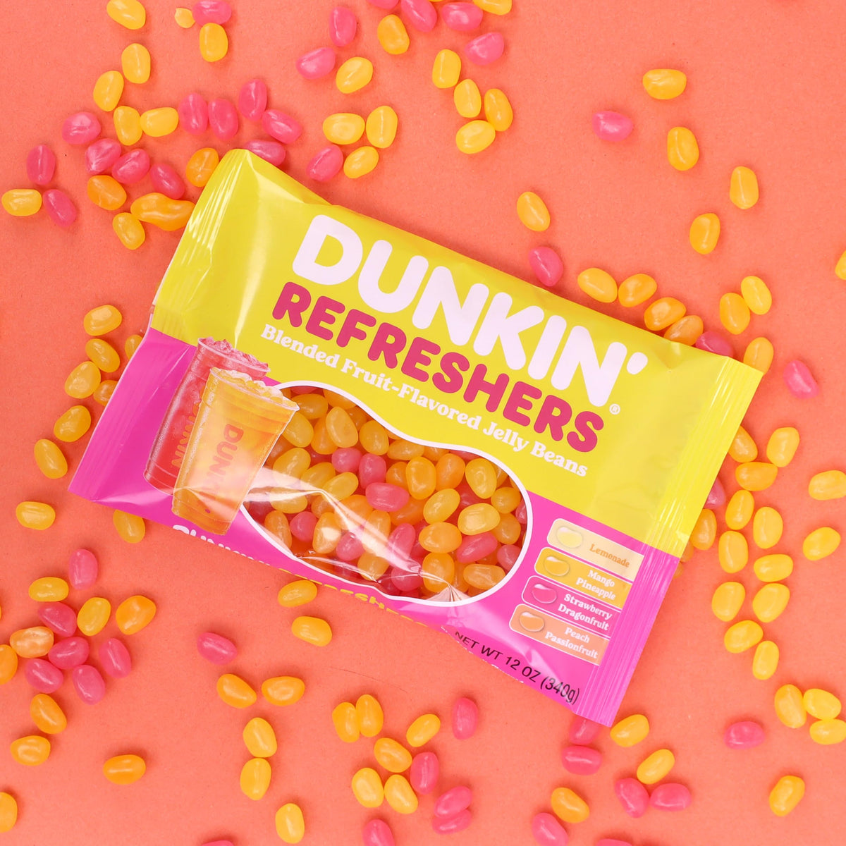Frankford Dunkin' Refreshers peach passionfruit flavor beans evoke tropical sweetness for snacks.