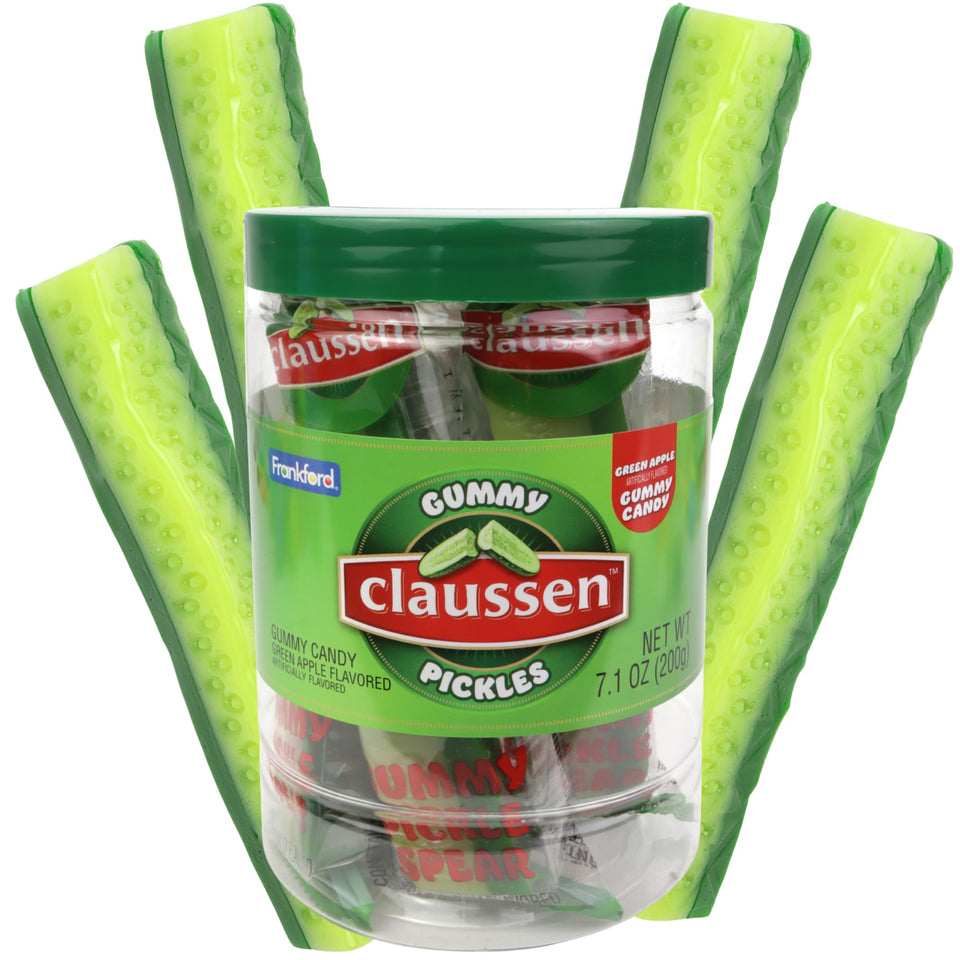 Frankford gummy pickles jar with four spears, a playful gift-ready snack.