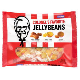 Frankford KFC fried-chicken jelly beans on bag; great for party games and taste tests