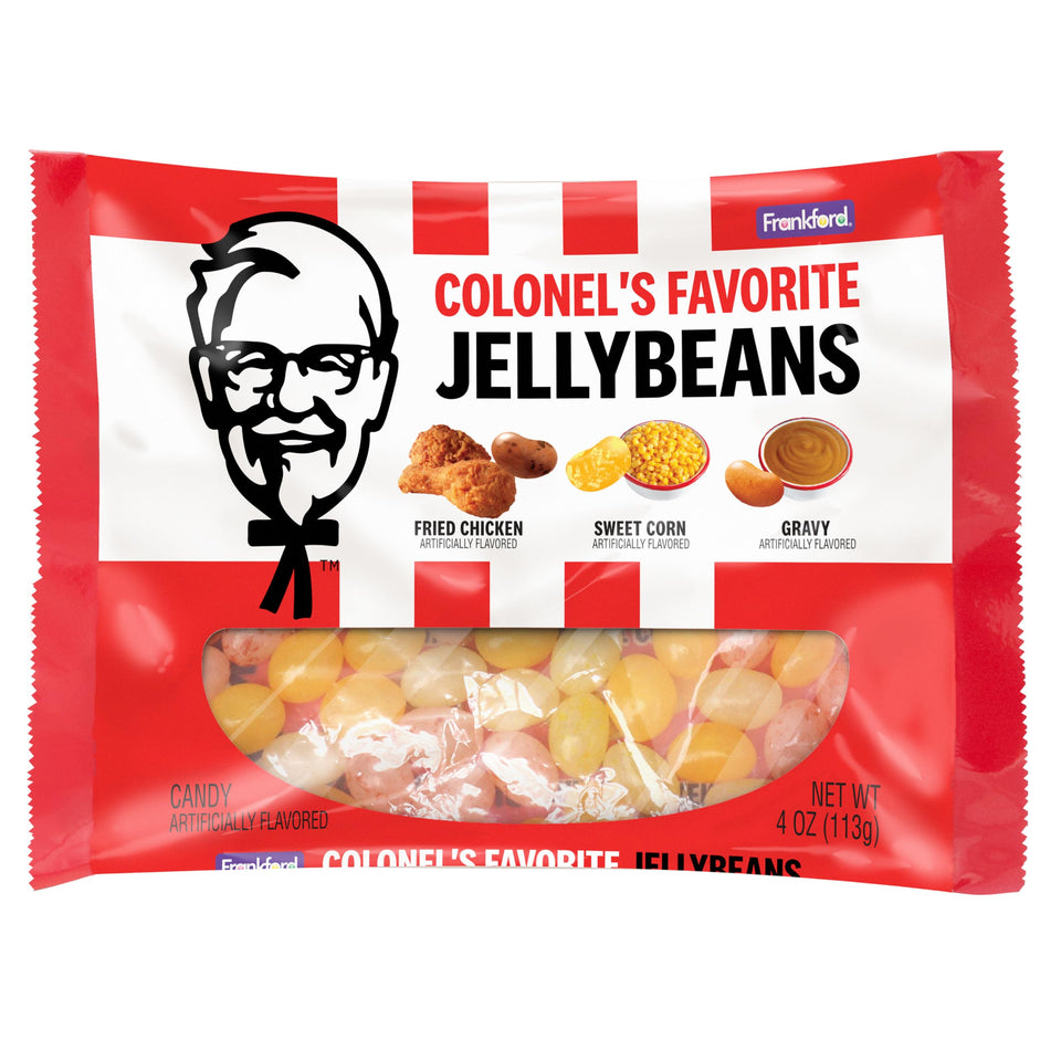 Frankford KFC fried-chicken jelly beans on bag; great for party games and taste tests