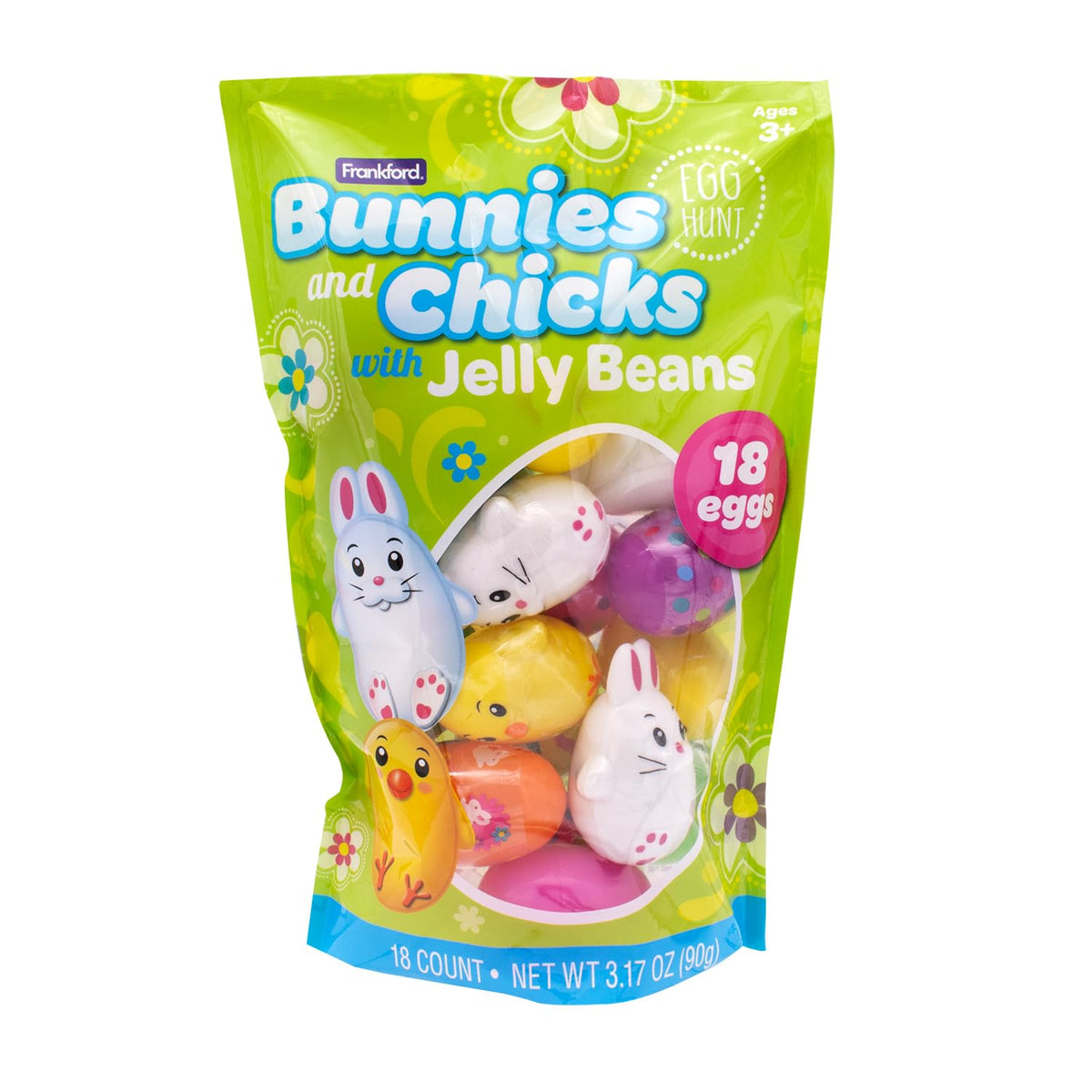 Frankford pre-filled Easter eggs with bunny and chick designs for festive egg hunts.